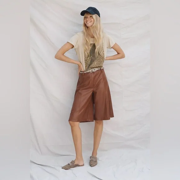 High-Waist Faux Leather Bermuda Shorts in Brown - Picture 2 of 11